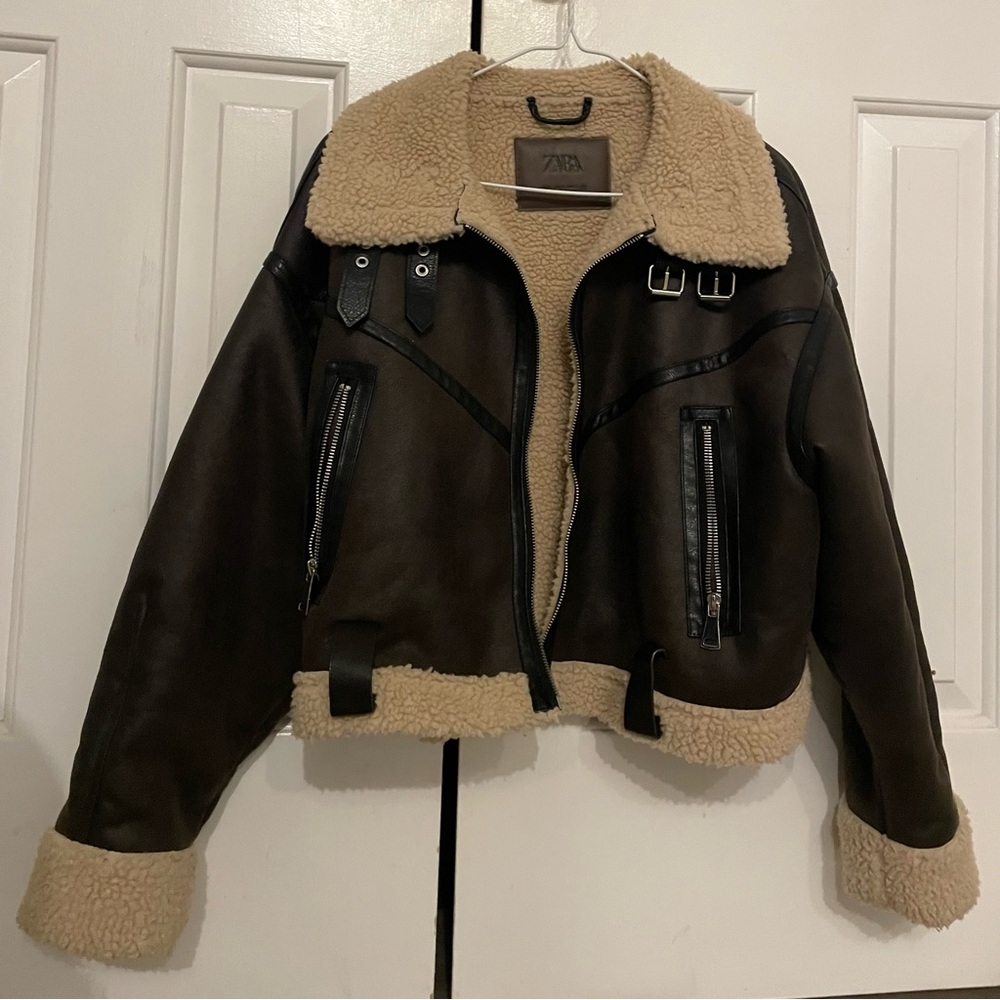 Zara Brown Faux Leather Jacket with Cream Shearling